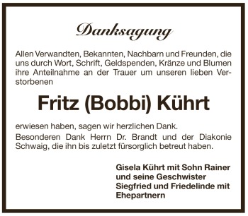 Traueranzeige von Fritz Kührt von Pegnitz-Zeitung